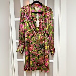 Flora Bea NYC Floral Wrap Dress Green Pink Long Sleeve Satin Size L NWT